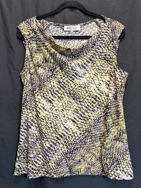 Kasper Sleeveless Cowl Neck Top in Yellow, Purple & Black Print